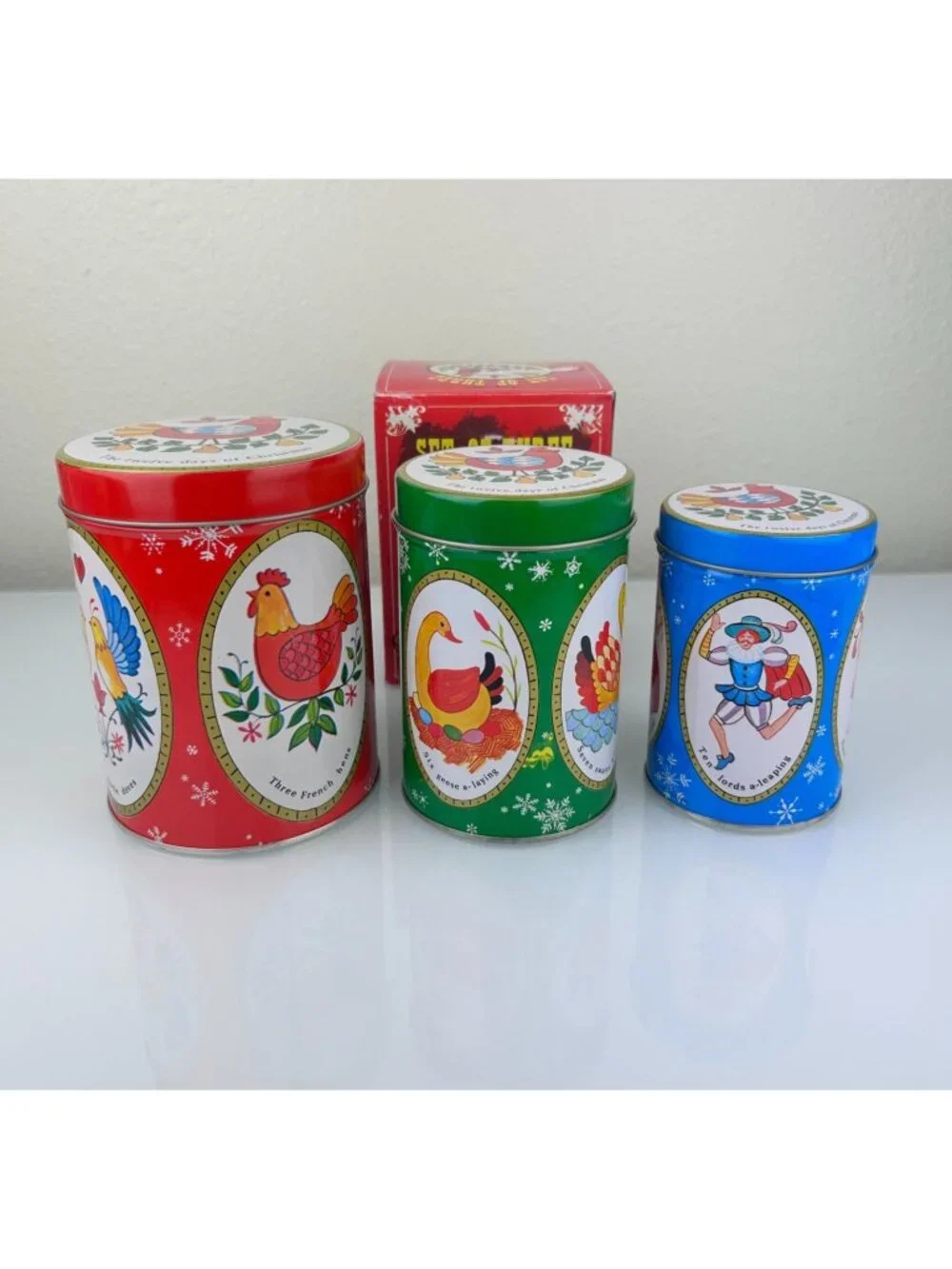 Vintage 12 Days of Christmas SNP Set of 3 Metal Canisters Hong Kong Colorful REA